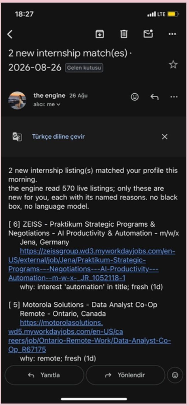 a match mail in Gmail: 2 new internship matches, 2026-08-26; ZEISS Praktikum, Motorola Solutions Data Analyst Co-Op